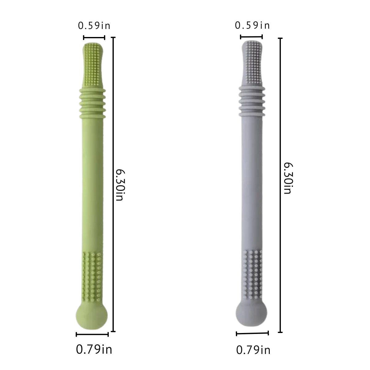 A size comparison of two silicone teething sticks, one green and one gray, each 6.30 inches long and 0.79 inches wide at the widest part.