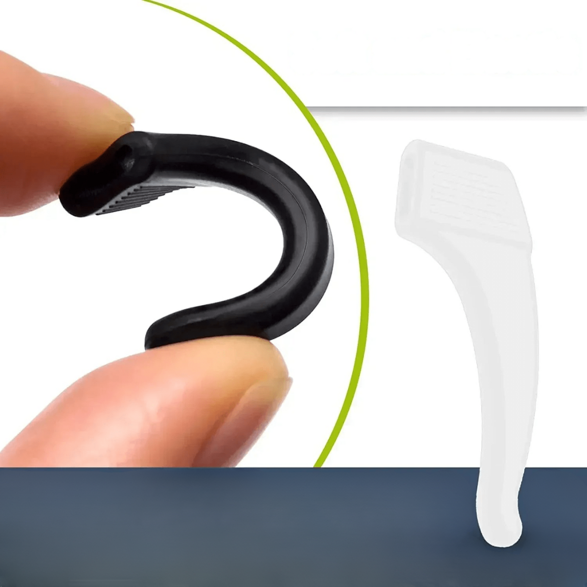 Flexible black silicone ear hooks for glasses, providing a secure grip and adjustable fit.