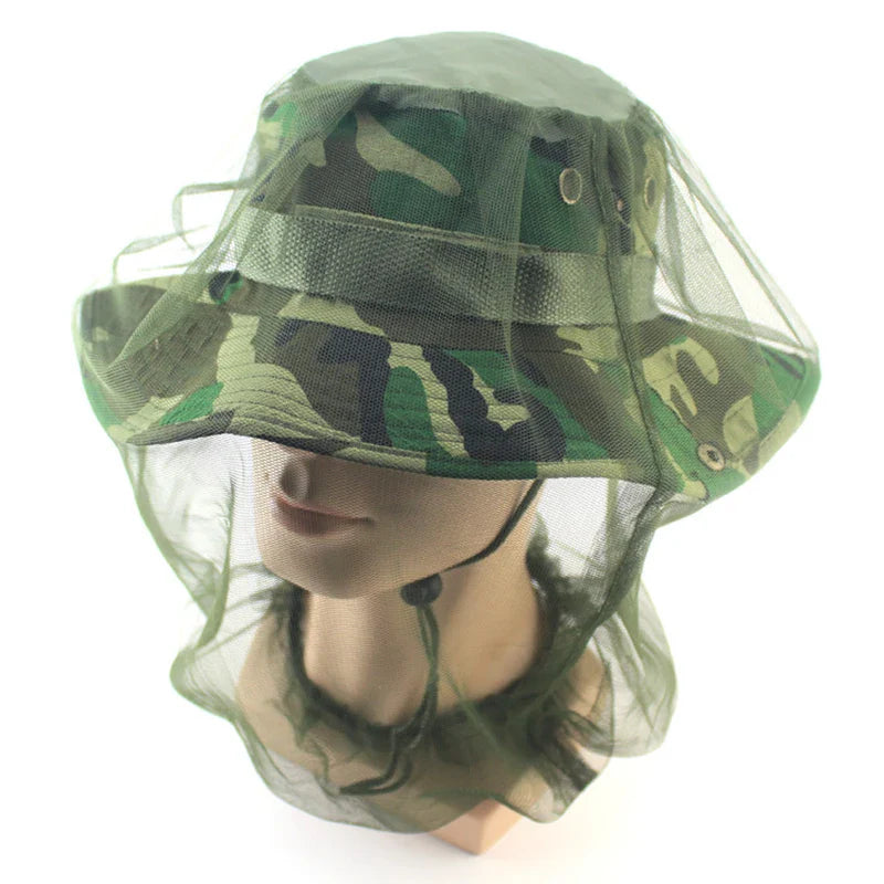 Anti-Mosquito Head Net with camo hat displayed on a white mannequin head.