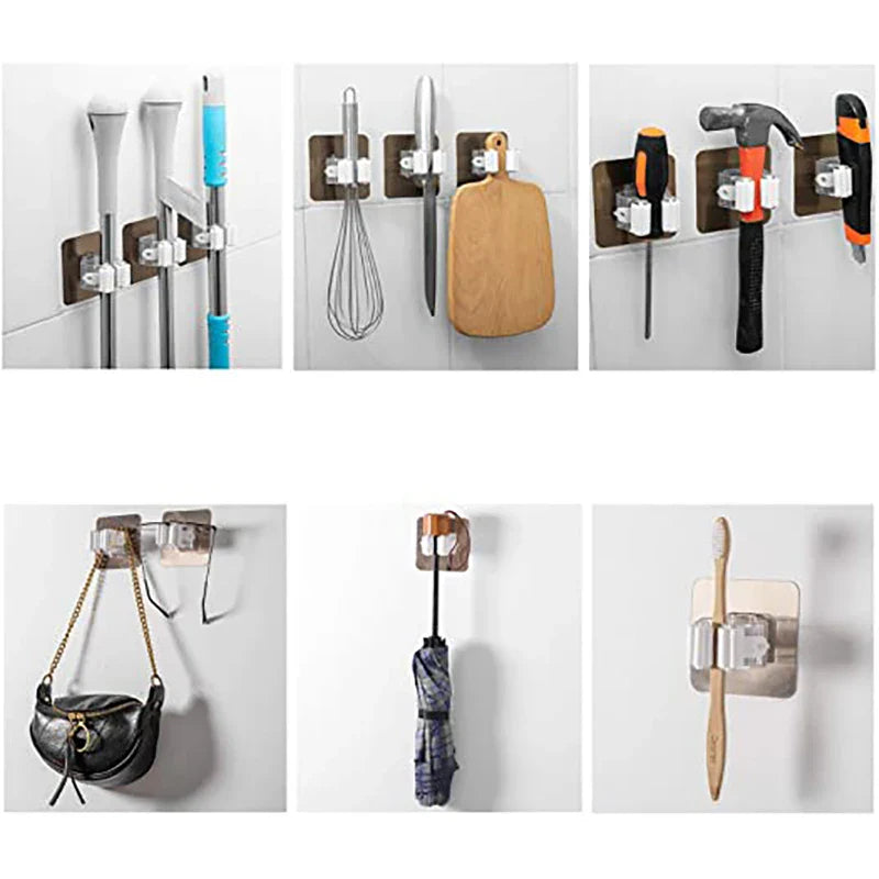 Six adhesive hooks are shown mounted on a wall, holding various items such as brooms, a whisk, a cutting board, tools, a handbag, an umbrella, and a toothbrush.