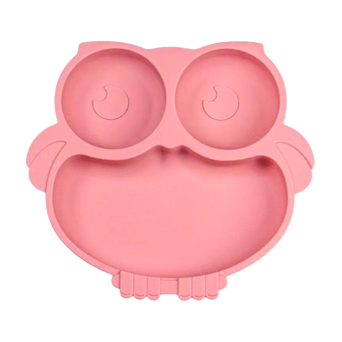 Adorable pink owl-shaped silicone plate designed for toddlers, featuring two small compartments for sides or dips and a larger main compartment for entrees. The playful owl design makes mealtime fun and engaging for young children.