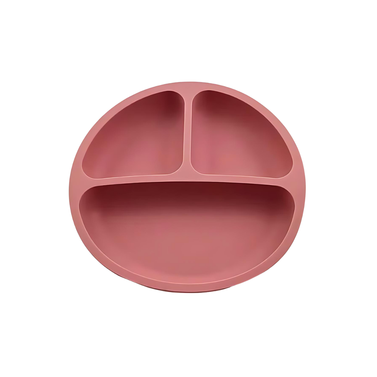 Simple and functional red silicone plate for children, featuring a three-compartment design to separate different types of food, encouraging balanced meals and independent eating.