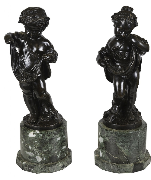 Pair Classical Bronze Statues Of Children Gathering Grapes, 19th Century