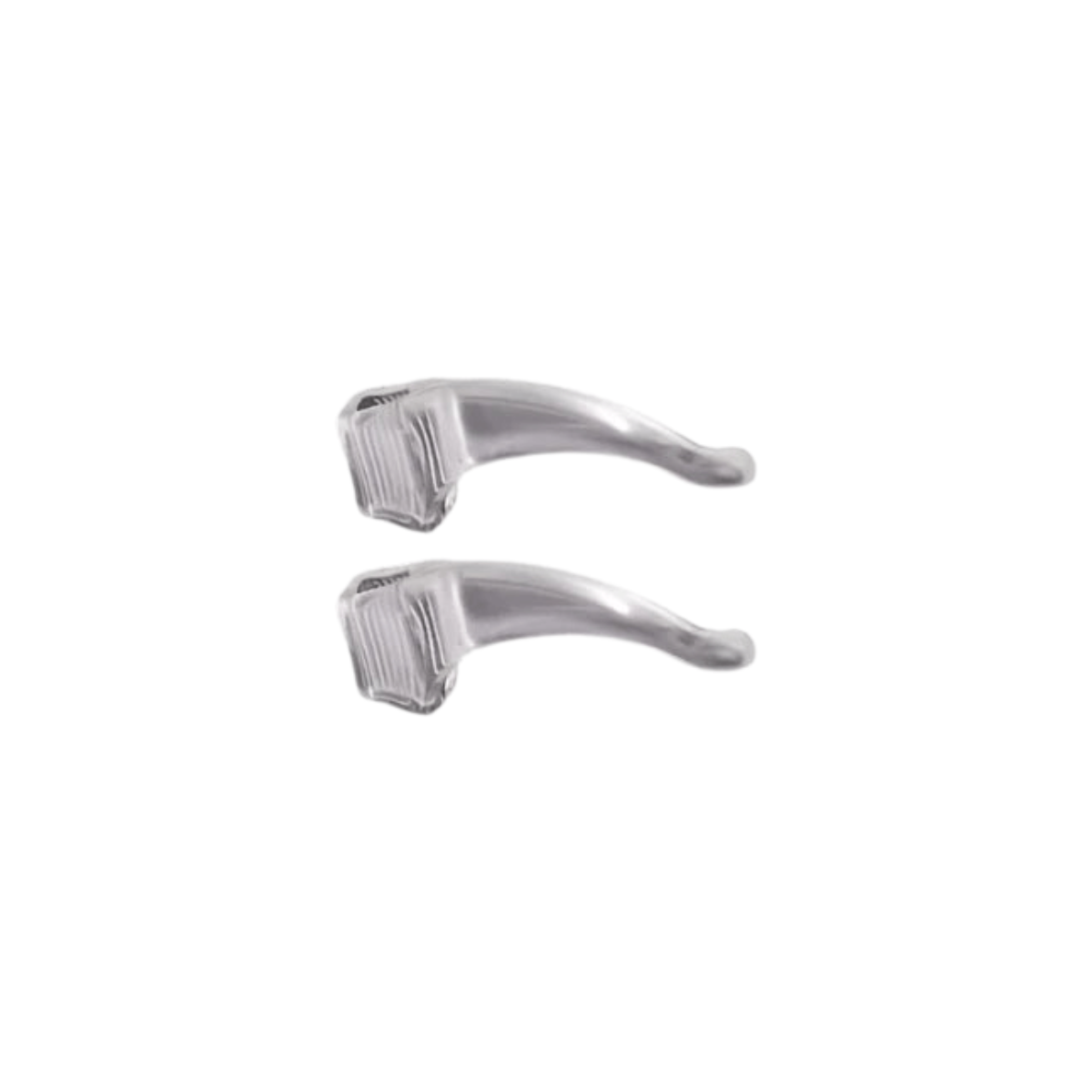 Two Transparent Anti-Slip Eyeglass Ear Grips displayed on white background.