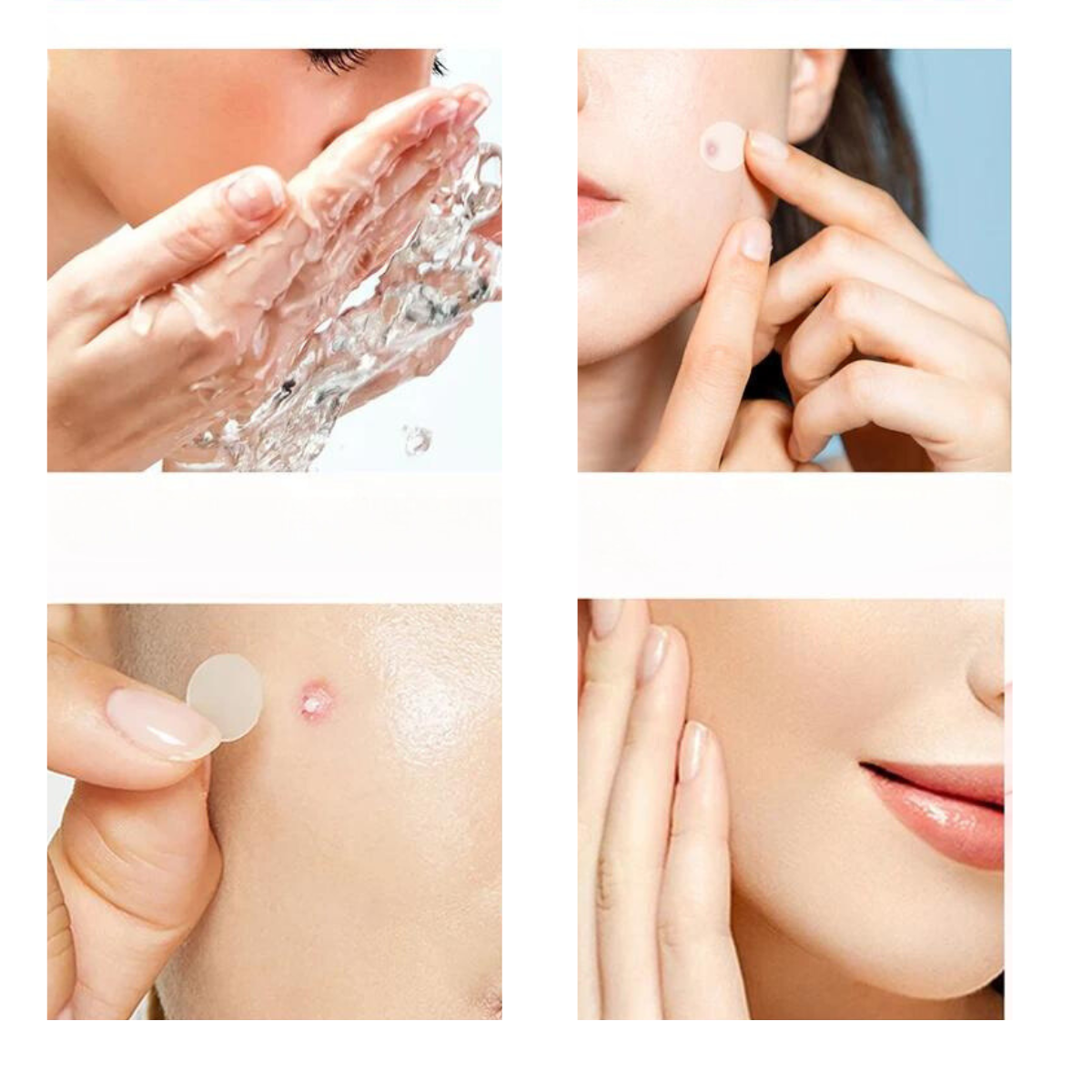 A sequence showing a woman washing her face, applying an acne patch to a pimple, and then revealing clear skin.