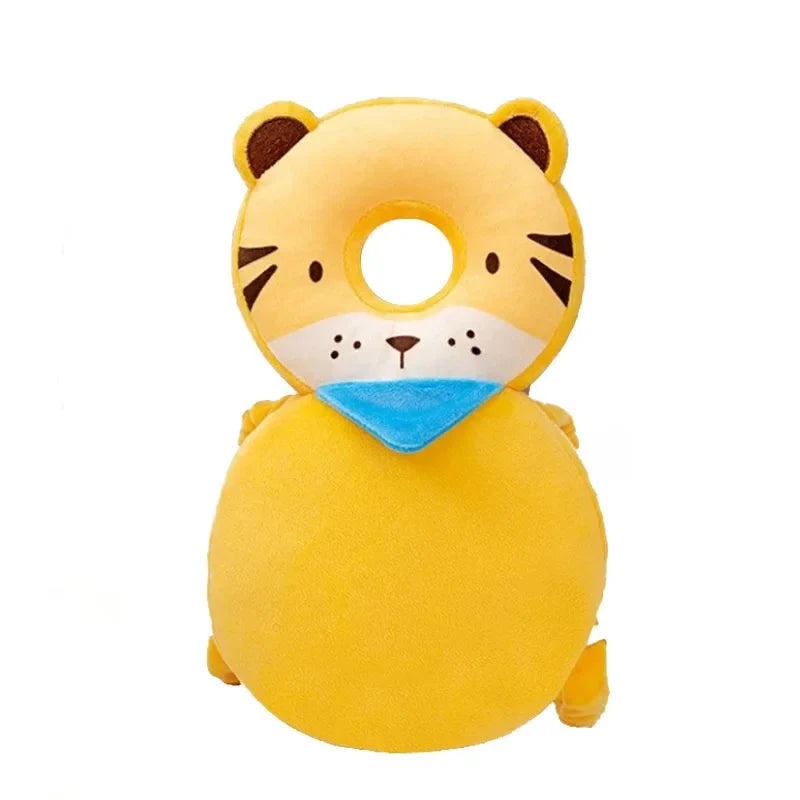 A bright yellow tiger-shaped baby head protector with a blue bib design and a circular headrest.