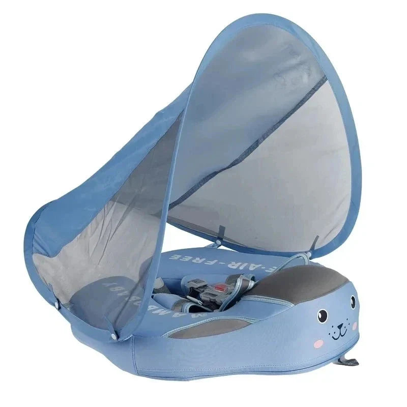 A blue baby float with a detachable sunshade, shown on a white background.