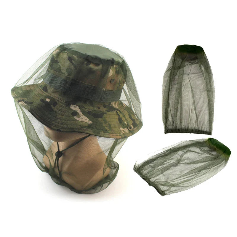 Anti-Mosquito Head Net with camo hat displayed on a white mannequin head with two nets beside it..