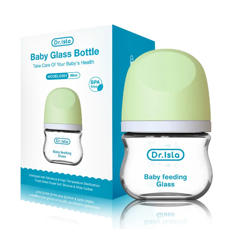 Baby glass bottle with a light green cap, labeled 'Dr. Isla Baby feeding Glass'. The bottle is shown next to its packaging box, which highlights its BPA-free feature and 90ml capacity.