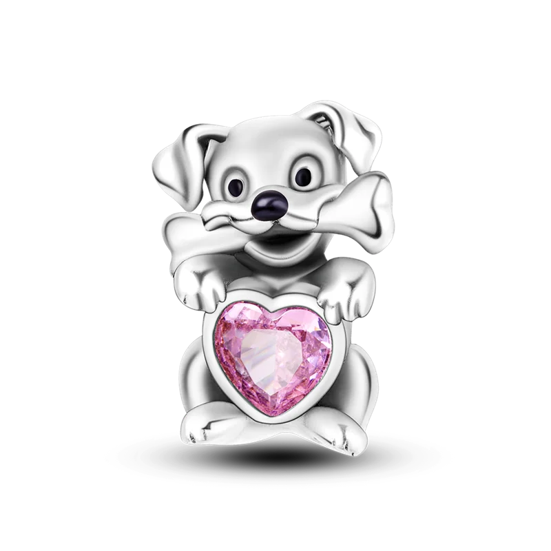 Puppy with bone and pink heart crystal silver charm
