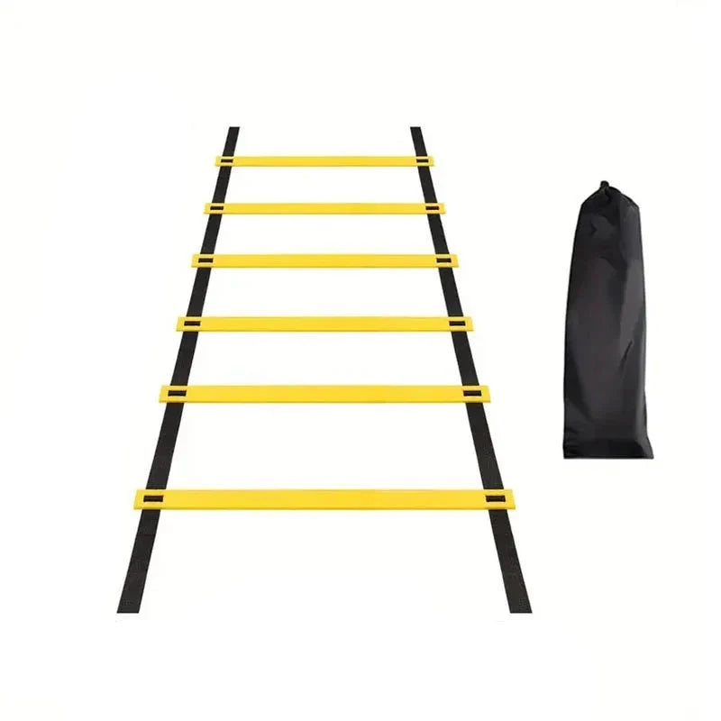 Yellow and black Agility Ladder with black bag display on white background.