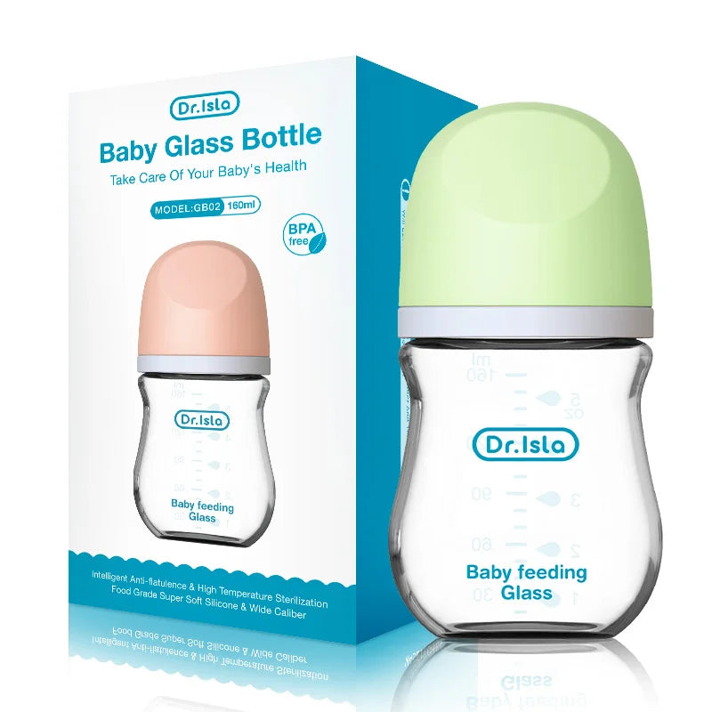 Baby glass bottle with a light green cap, labeled 'Dr. Isla Baby feeding Glass'. The bottle is shown next to its packaging box, which highlights its BPA-free feature and 160ml capacity.