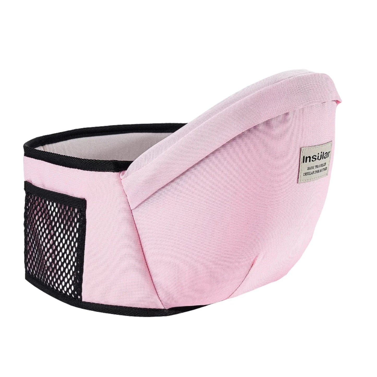 A pink baby waist carrier with black mesh pocket and label tag, designed for comfort and support during baby carrying.
