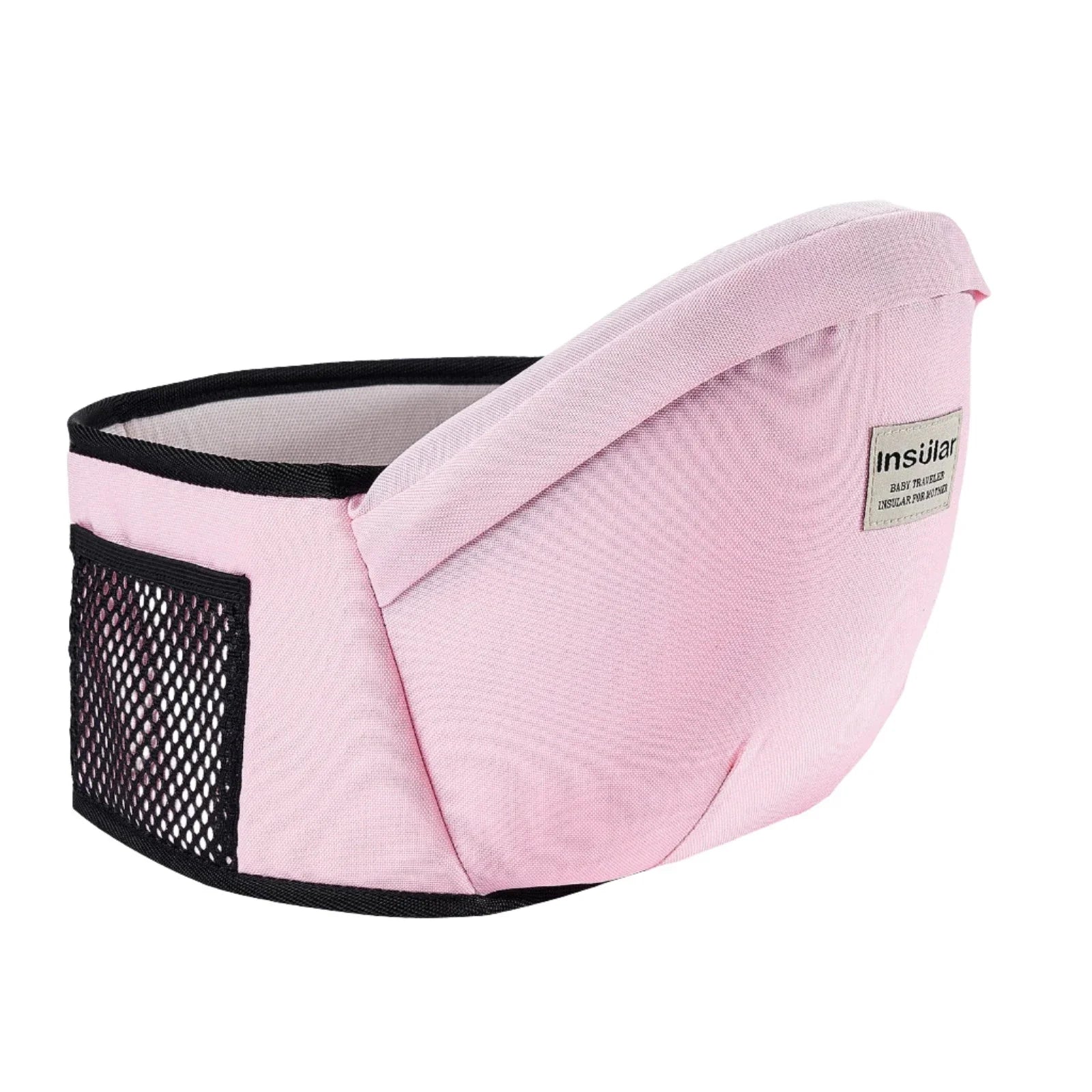 A pink baby waist carrier with black mesh pocket and label tag, designed for comfort and support during baby carrying.