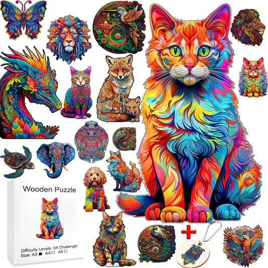 A collection of various animal-themed wooden puzzles, including a cat, fox, lion, dragon, and more, shown with an A4 size box and a keychain.