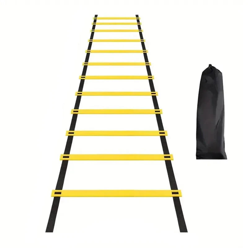 Yellow and black Agility Ladder with black bag display on white background.