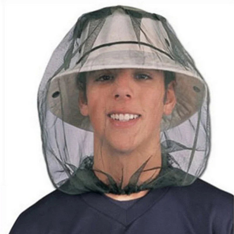 Anti-Mosquito Head Net displayed on a person with hat.