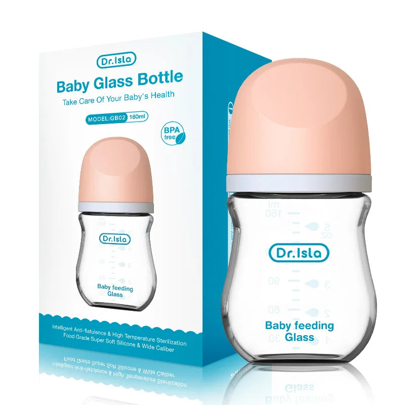 Baby glass bottle with a pink cap, labeled 'Dr. Isla Baby feeding Glass'. The bottle is shown next to its packaging box, which highlights its BPA-free feature and 160ml capacity.