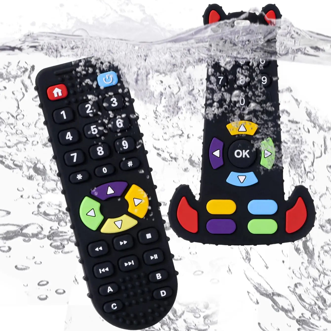 Two black silicone teethers shaped like remote controls submerged in water, showing they are waterproof.